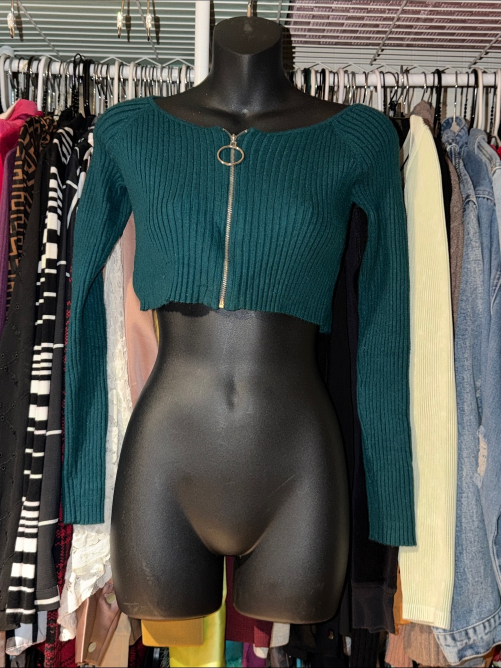 Timing Teal Ribbed Cropped Zip-Front Long Sleeve Top